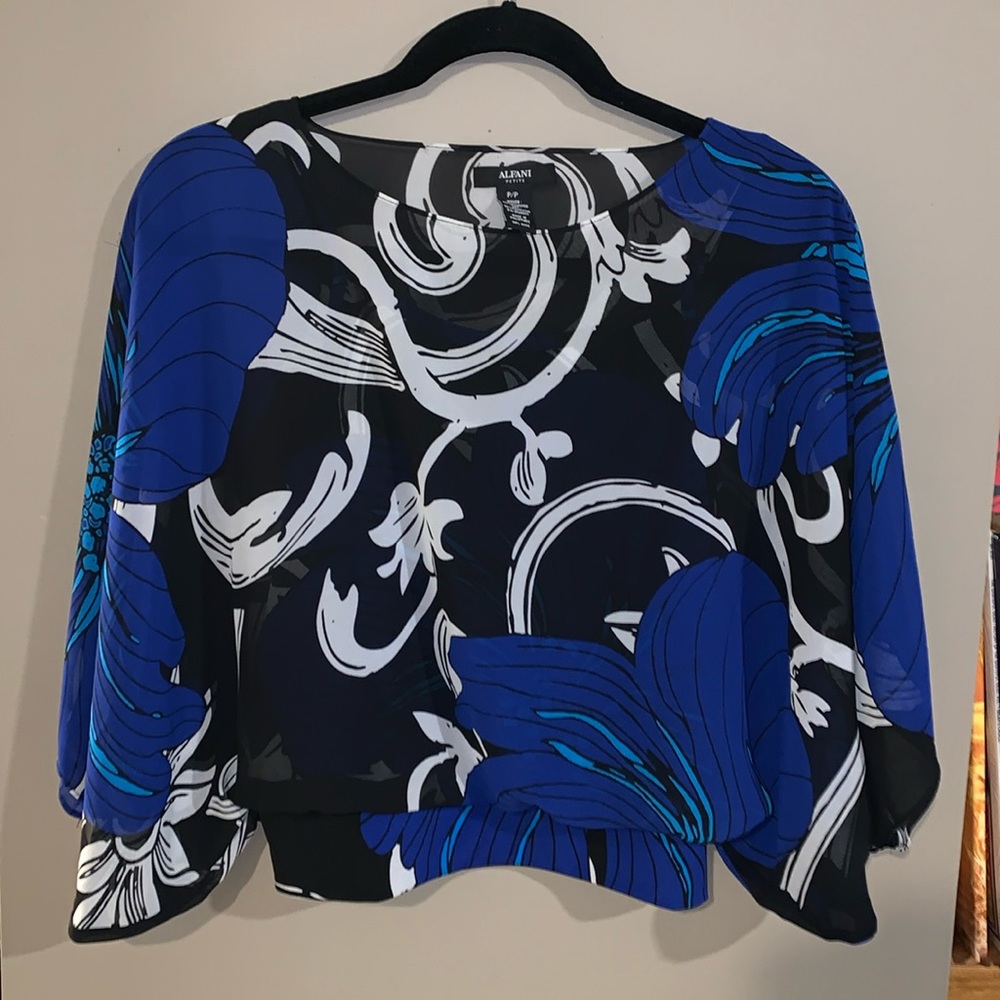 Alfani Petite Top Sheer Blue Black White Floral Long Sleeve Summer Size Small P